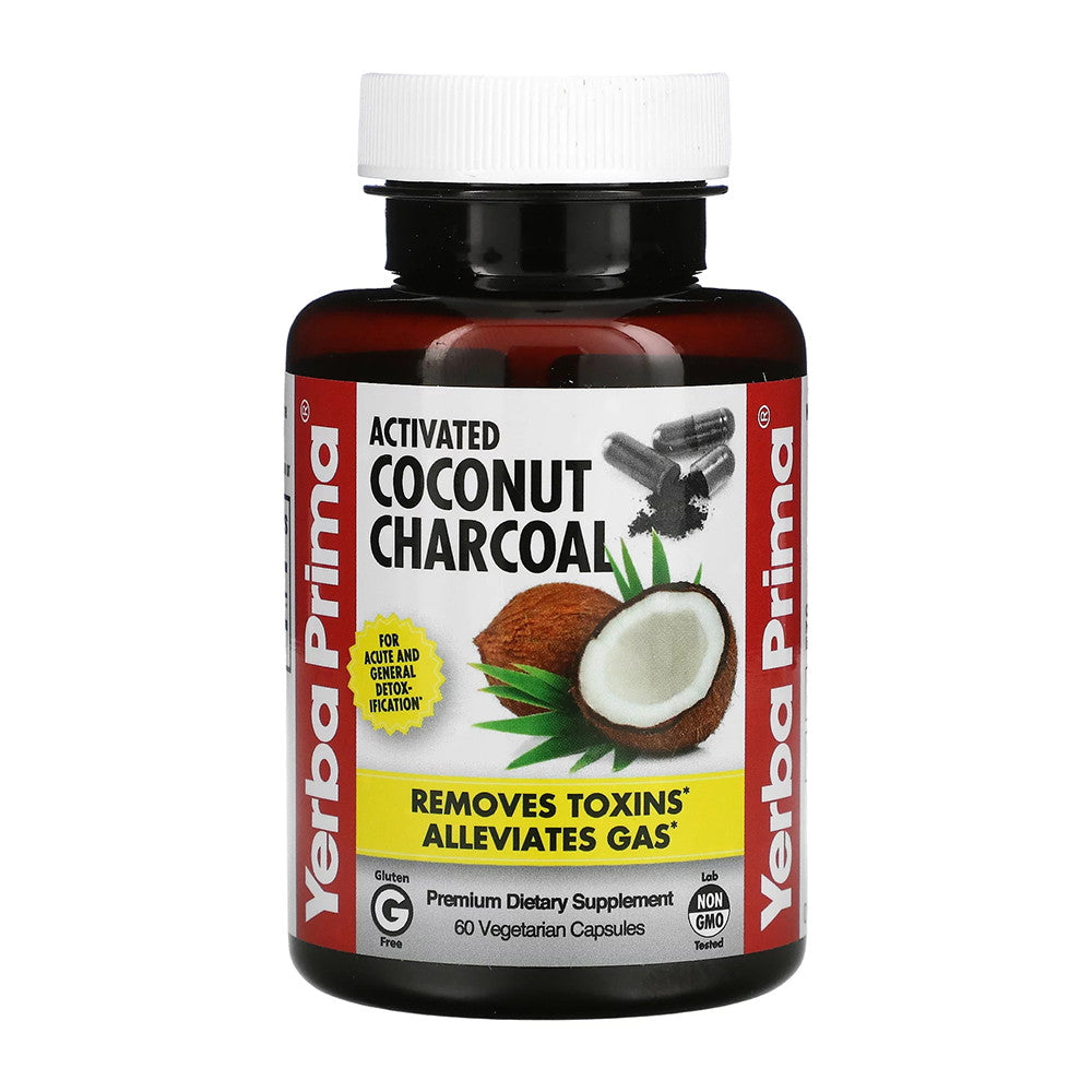 Yerba Prima Activated Coconut Charcoal Capsules, Removes Toxins Alleviates Gas, 60 Ea